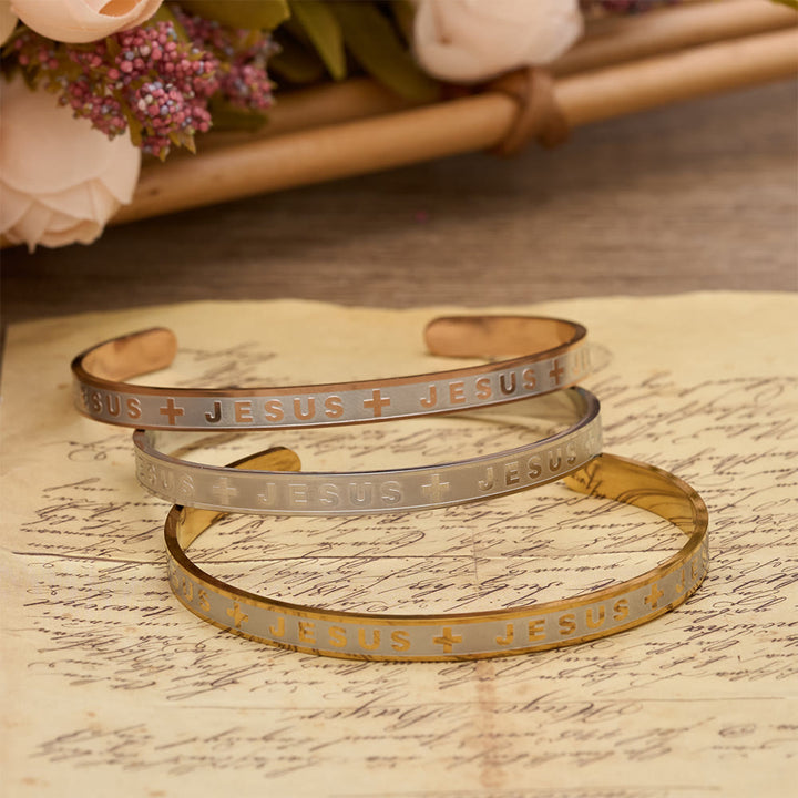 Christianartworkshop Engraved JESUS Cuff Bracelet in Golden, Silver, Rose Gold Tone: A Reminder of Divine Grace - image 0