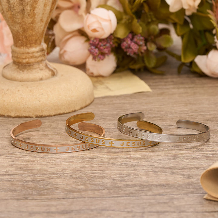 Christianartworkshop Engraved JESUS Cuff Bracelet in Golden, Silver, Rose Gold Tone: A Reminder of Divine Grace - image 2