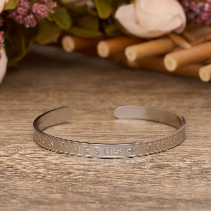 Christianartworkshop Engraved JESUS Cuff Bracelet in Golden, Silver, Rose Gold Tone: A Reminder of Divine Grace - Silver - image 4