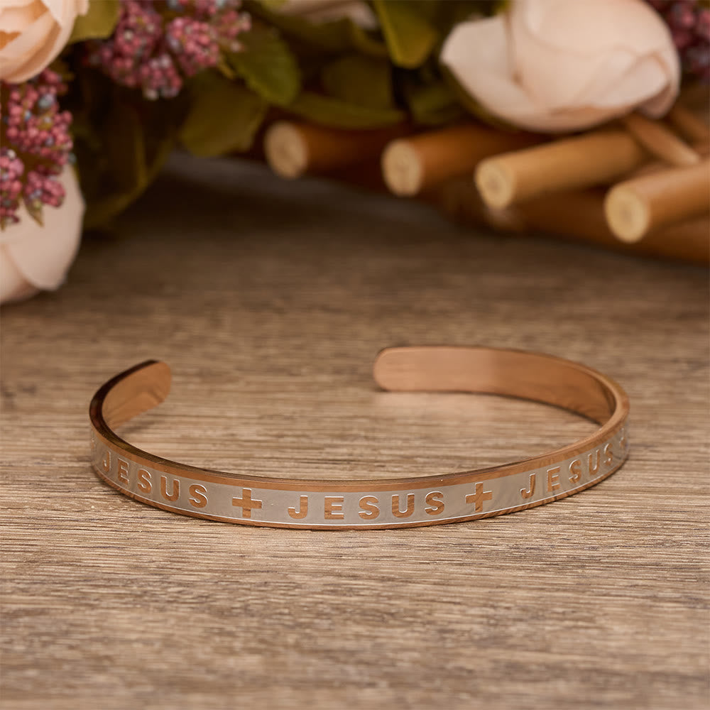 Christianartworkshop Engraved JESUS Cuff Bracelet in Golden, Silver, Rose Gold Tone: A Reminder of Divine Grace - Rosegold - image 5