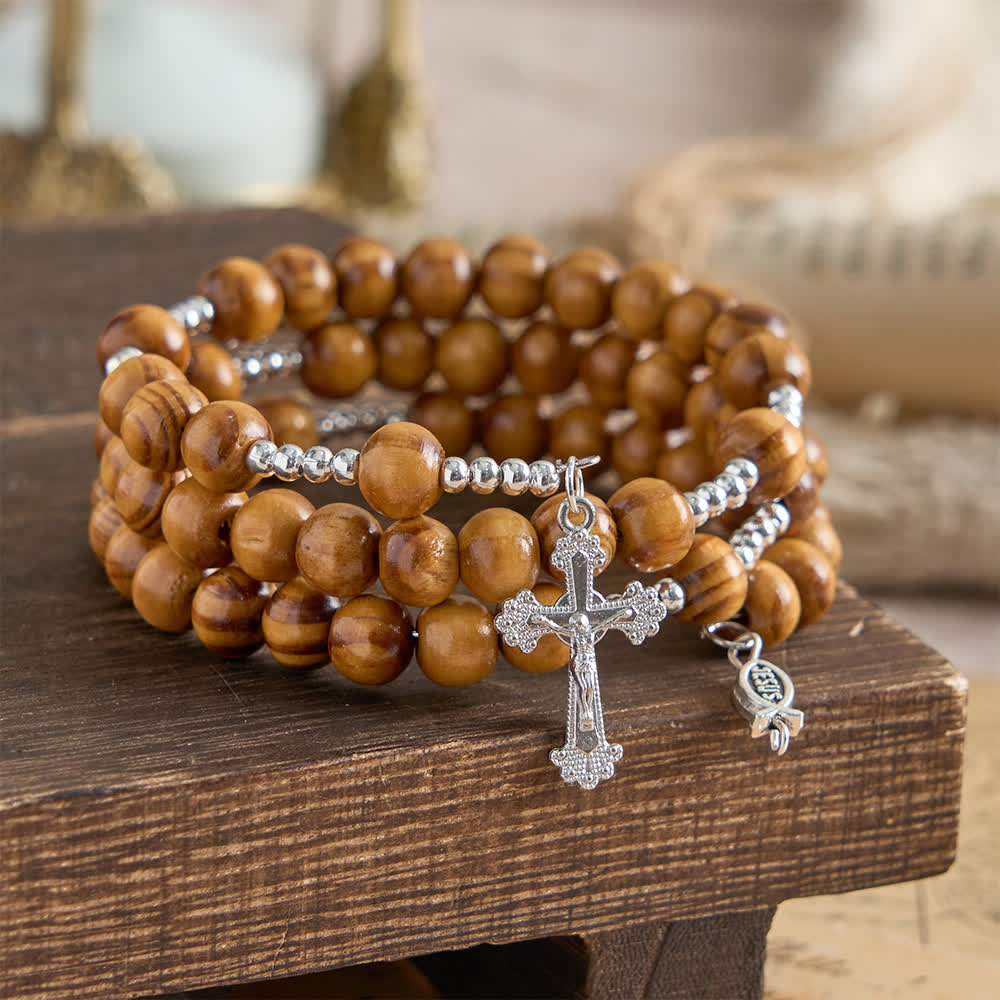 Christianartworkshop Natural Olive Wood Memory Wire Rosary Bracelet with Ichthys & Crucifix - Wrist Circumference: 7.08"-9.06''/18-23cm - image 0