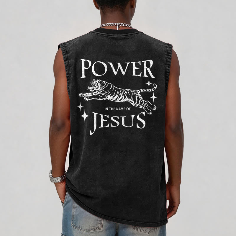 Christianartworkshop Power In The Name Of Jesus Tiger Washed Tank Top - image 1