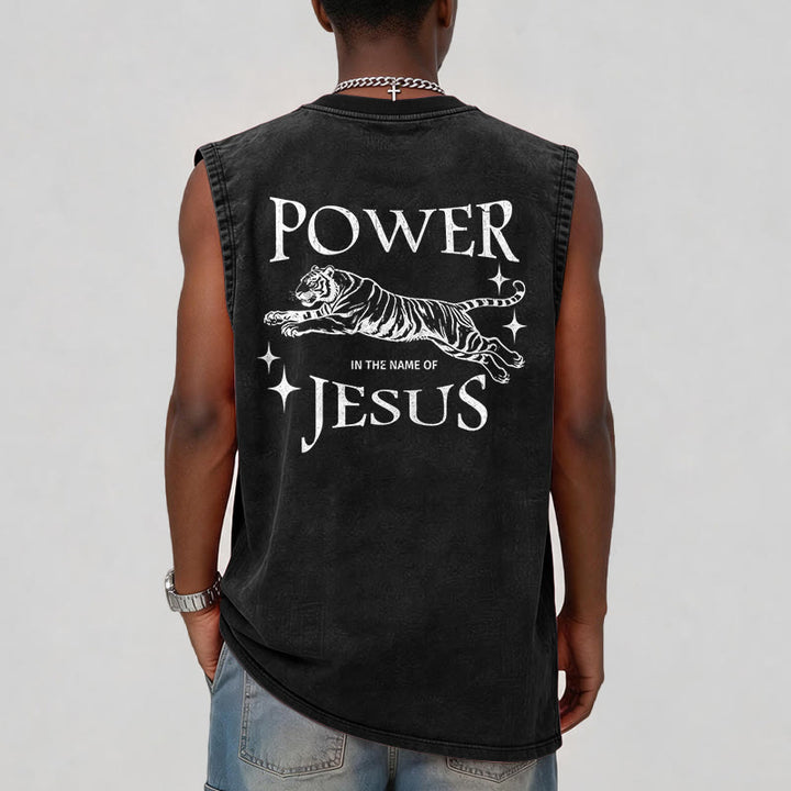 Christianartworkshop Power In The Name Of Jesus Tiger Washed Tank Top - image 1