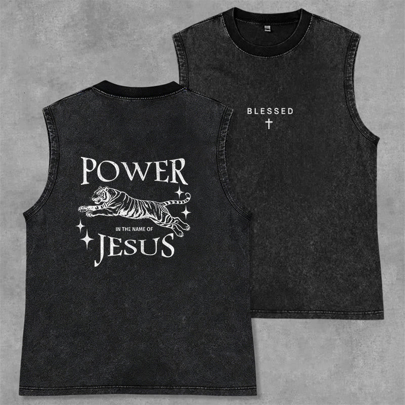 Christianartworkshop Power In The Name Of Jesus Tiger Washed Tank Top - Black - 2XL - image 0