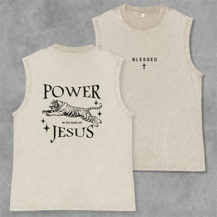 Christianartworkshop Power In The Name Of Jesus Tiger Washed Tank Top - Beige - 2XL - image 7