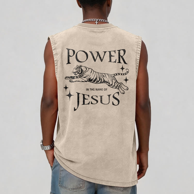 Christianartworkshop Power In The Name Of Jesus Tiger Washed Tank Top - image 8