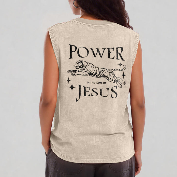 Christianartworkshop Power In The Name Of Jesus Tiger Washed Tank Top - image 9
