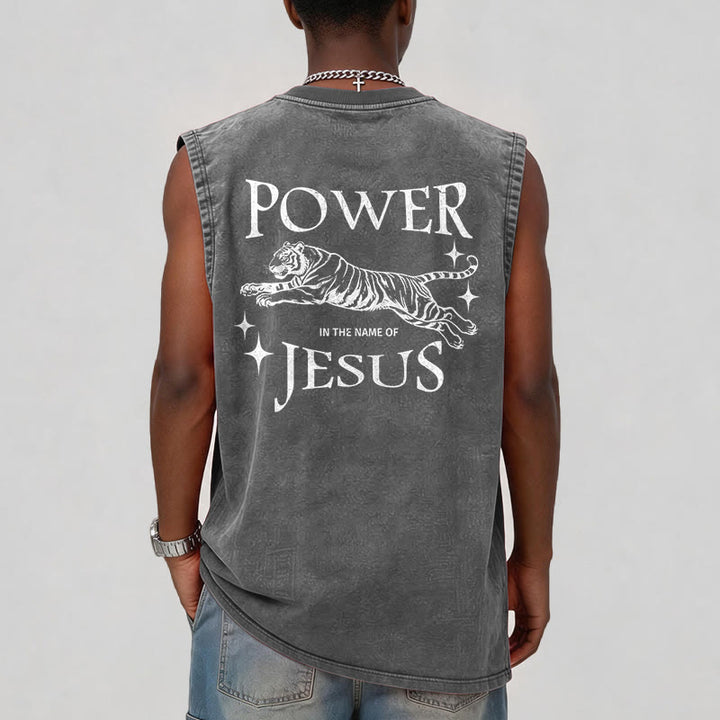 Christianartworkshop Power In The Name Of Jesus Tiger Washed Tank Top - image 15
