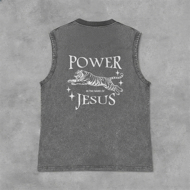 Christianartworkshop Power In The Name Of Jesus Tiger Washed Tank Top - image 17