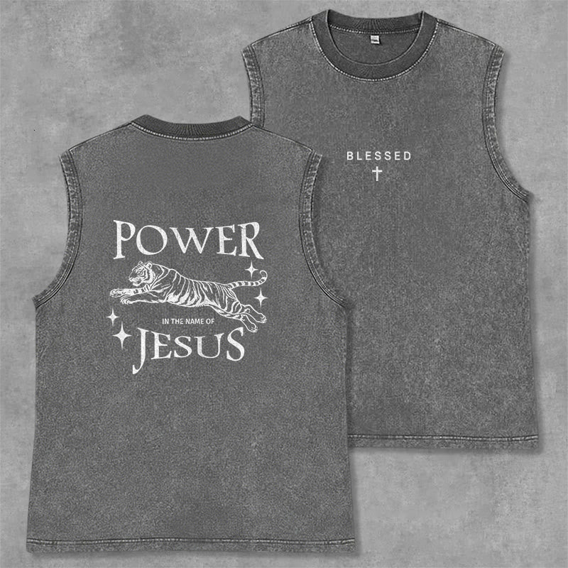 Christianartworkshop Power In The Name Of Jesus Tiger Washed Tank Top - Grey - 2XL - image 14
