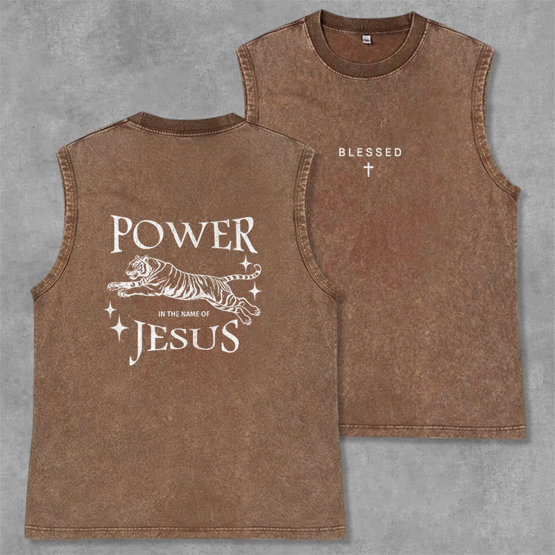 Christianartworkshop Power In The Name Of Jesus Tiger Washed Tank Top - Brown - 2XL - image 21