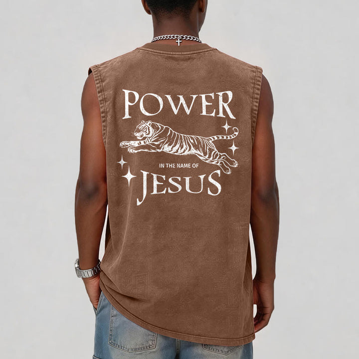 Christianartworkshop Power In The Name Of Jesus Tiger Washed Tank Top - image 22