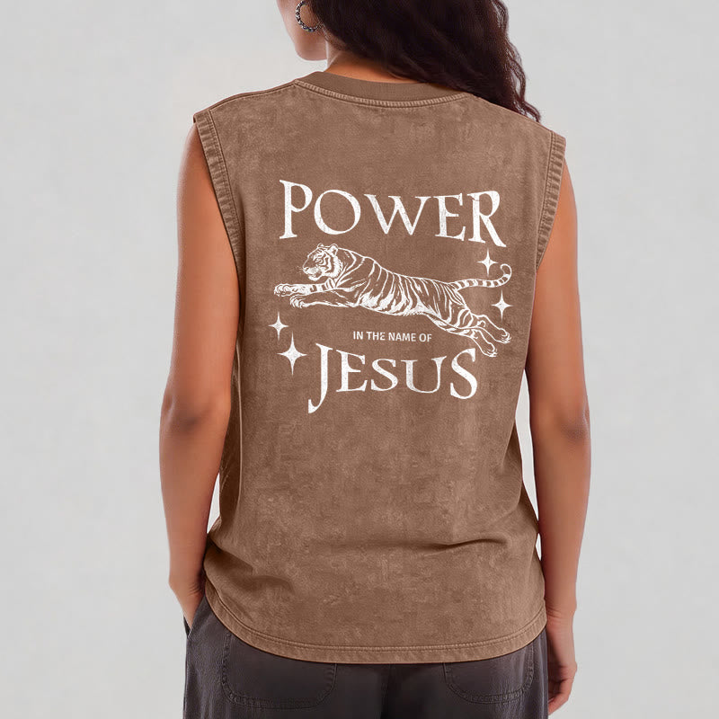 Christianartworkshop Power In The Name Of Jesus Tiger Washed Tank Top - image 23