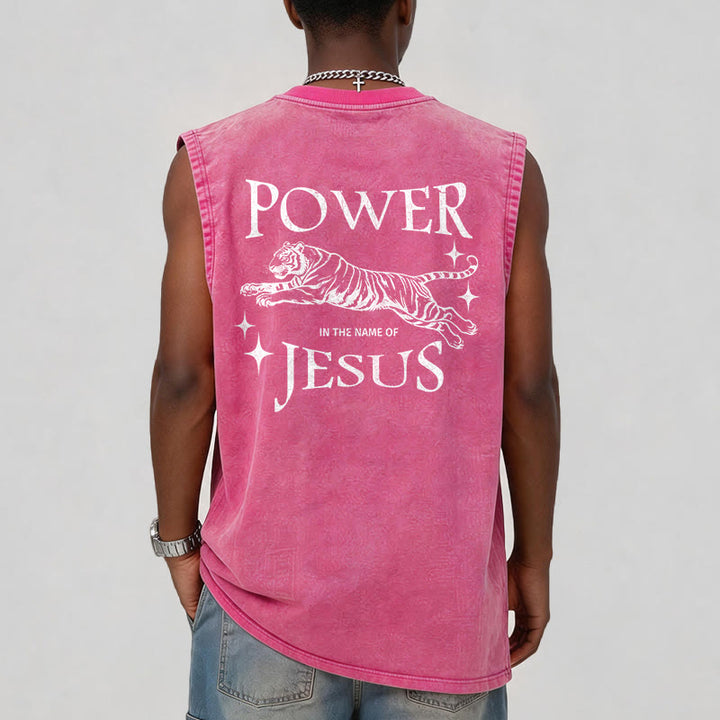 Christianartworkshop Power In The Name Of Jesus Tiger Washed Tank Top - image 29