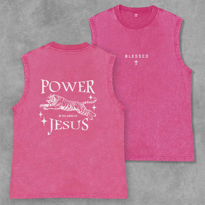 Christianartworkshop Power In The Name Of Jesus Tiger Washed Tank Top - Pink - 2XL - image 28