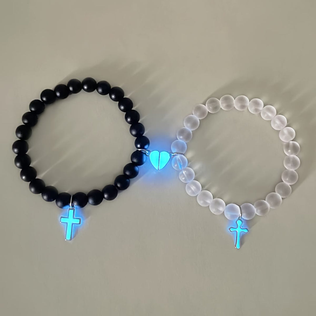 Christianartworkshop Glowing Cross Matching Beaded Bracelets with Magnetic Heart Clasp: A Symbol of United Faith & Shared Love - Black & White Cross Set - image 0