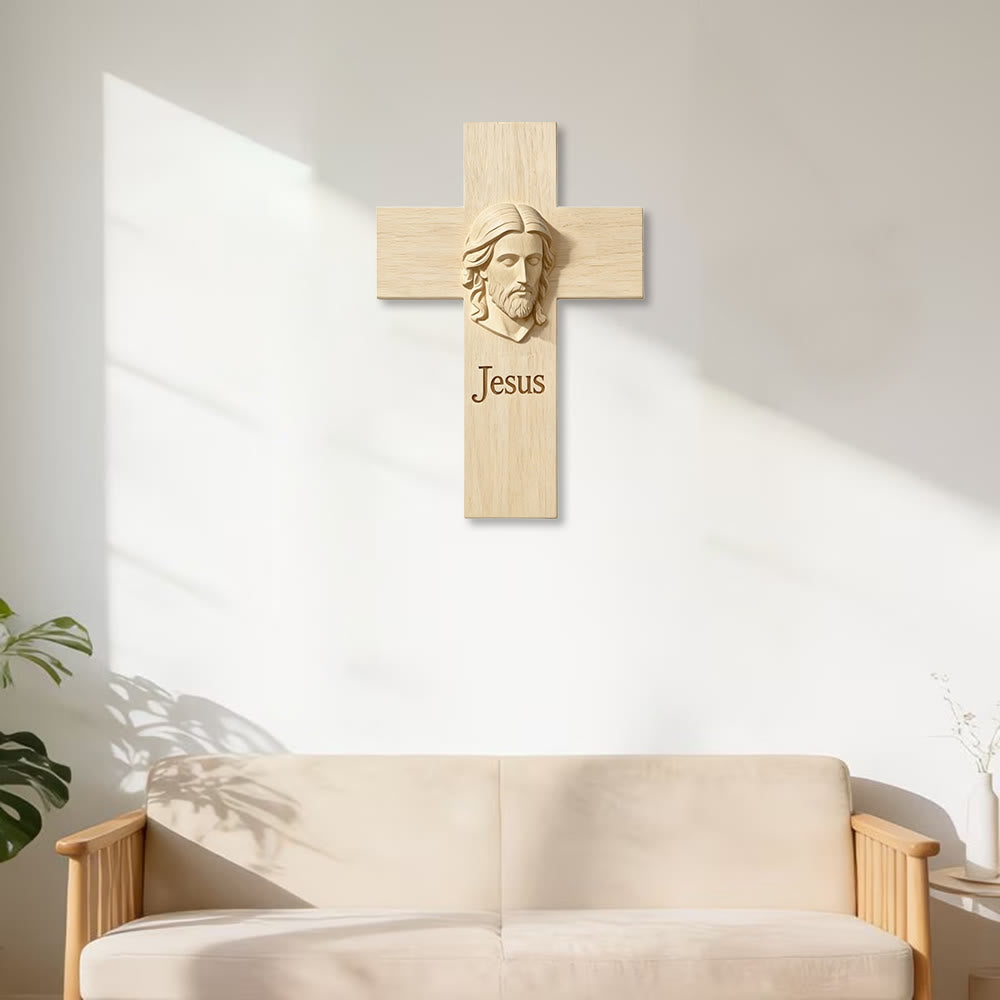 Natural Wood Jesus Cross Wall Decor - Christian Wooden Wall Art for ...