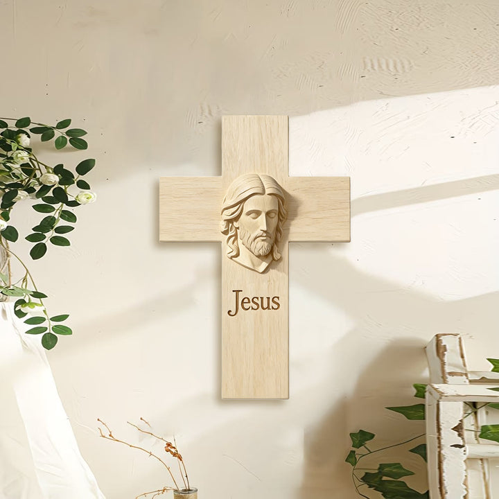 Christianartworkshop Natural Wood Cross Wooden Wall Decor with Printed Jesus Image: A Reminder of Faith and Love - image 1
