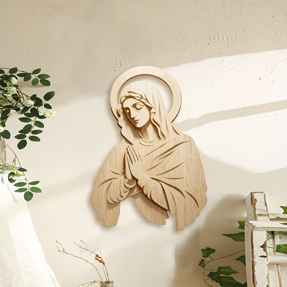 Christianartworkshop Classic Natural Wooden Wall Decor with Mary Print: A Timeless Emblem of Unwavering Devotion - image 1