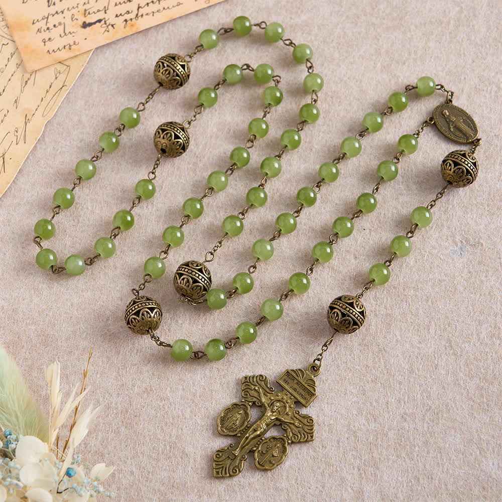Christianartworkshop Bronze Filigree & Olive Green Glass Rosary with Our Lady - image 4