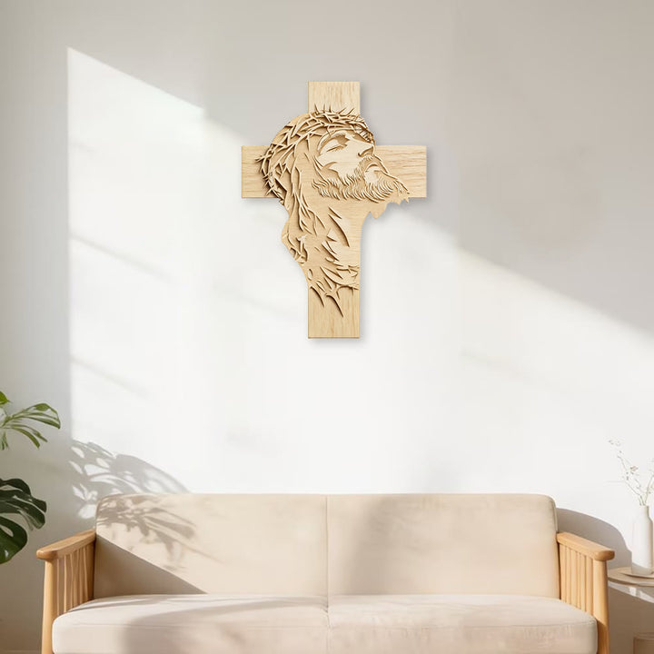 Christianartworkshop Warm Rustic Wooden Cross Wall Decor with Printed Jesus in Crown of Thorns - image 3