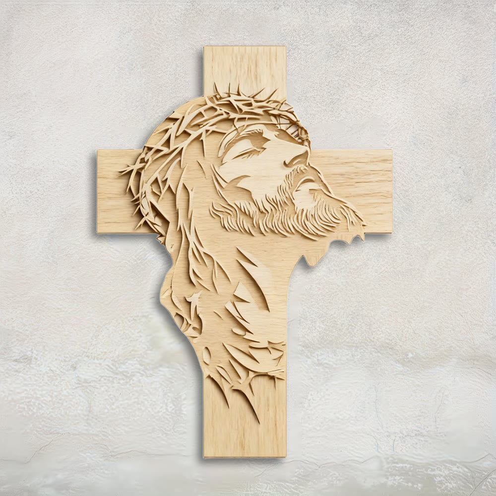 Christianartworkshop Warm Rustic Wooden Cross Wall Decor with Printed Jesus in Crown of Thorns - 14.17''*19.7''*0.2''/36*50*0.5cm - image 0
