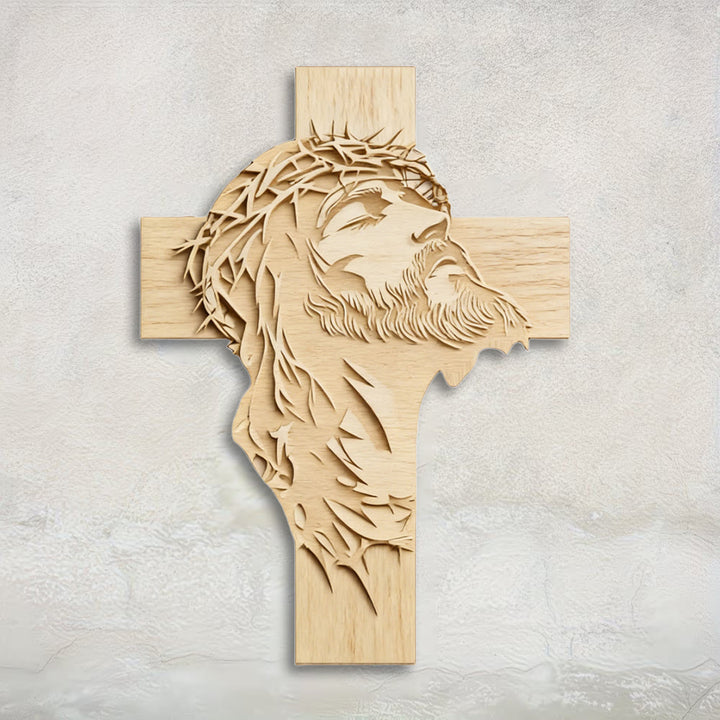 Christianartworkshop Warm Rustic Wooden Cross Wall Decor with Printed Jesus in Crown of Thorns - 14.17''*19.7''*0.2''/36*50*0.5cm - image 0