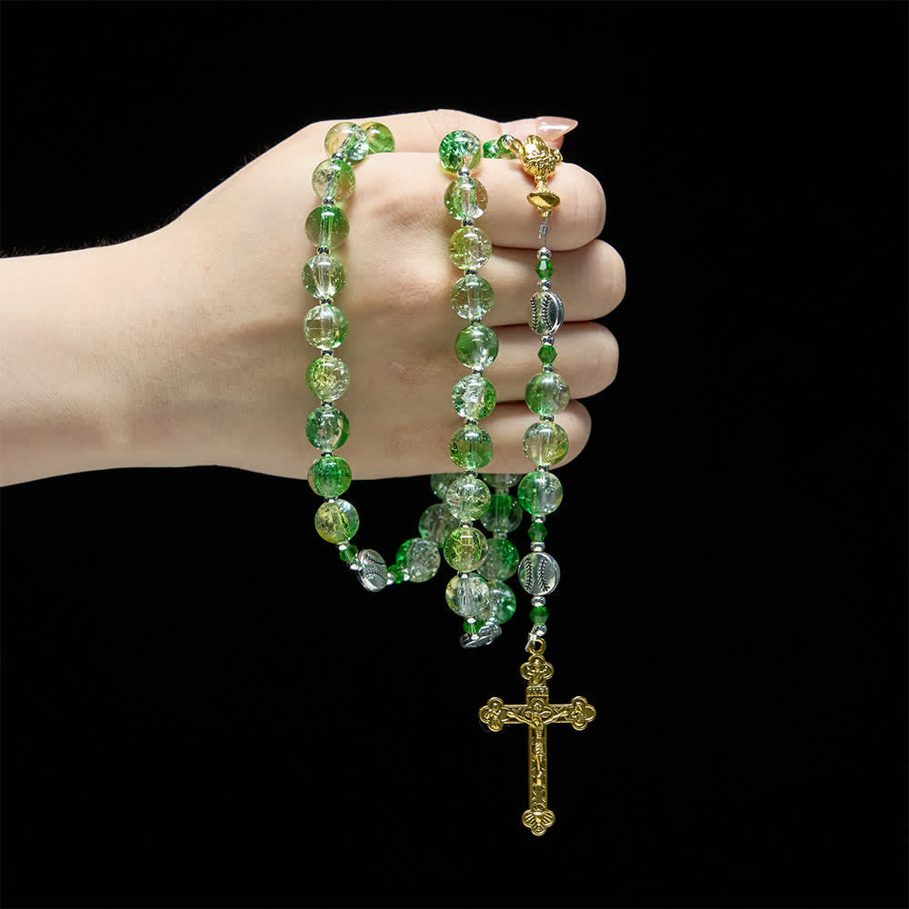 Christianartworkshop Yellow Green Crackle Glass Rosary: Tennis Ball Beads with Eucharist Medal for Faith in Motion - image 1