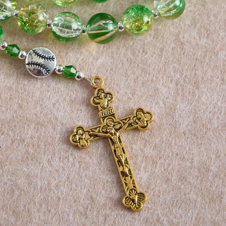Christianartworkshop Yellow Green Crackle Glass Rosary: Tennis Ball Beads with Eucharist Medal for Faith in Motion - image 8