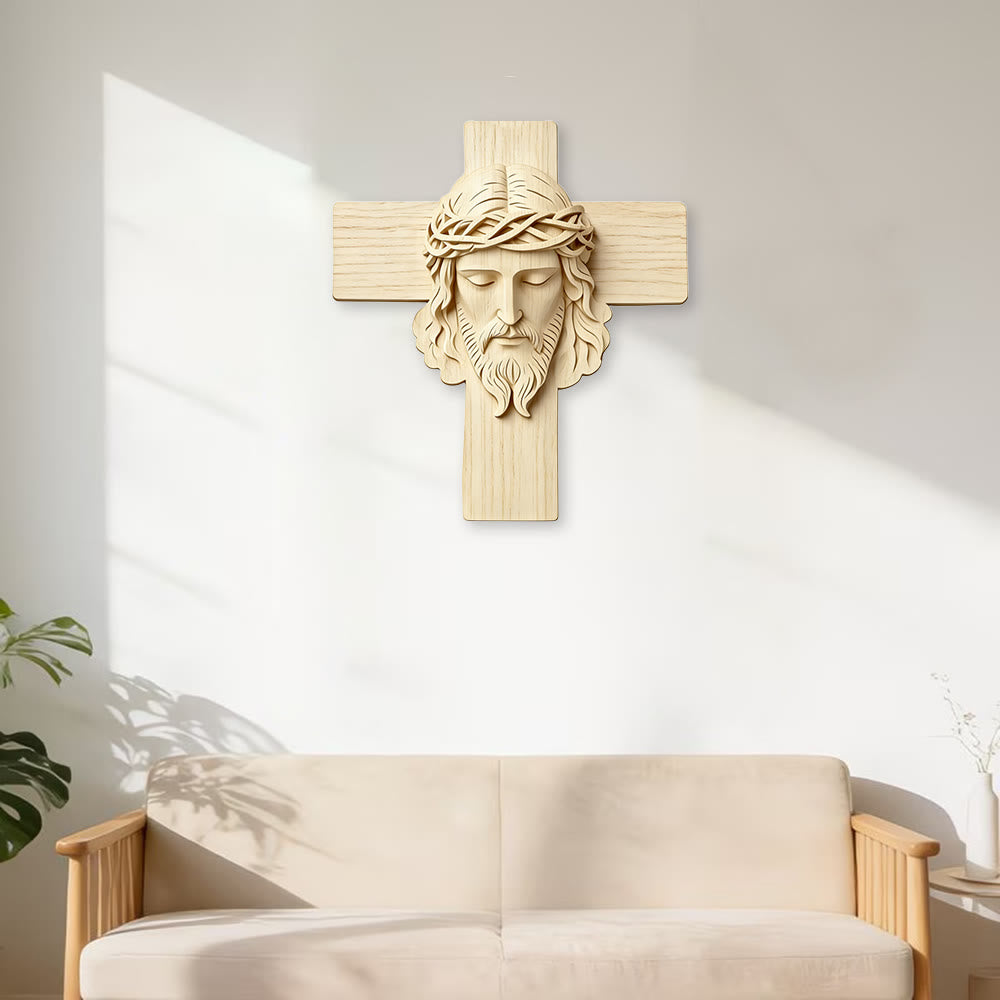 Christianartworkshop Timeless Wooden Cross Wall Hanging with 2D Closed-Eye Jesus Print - image 3