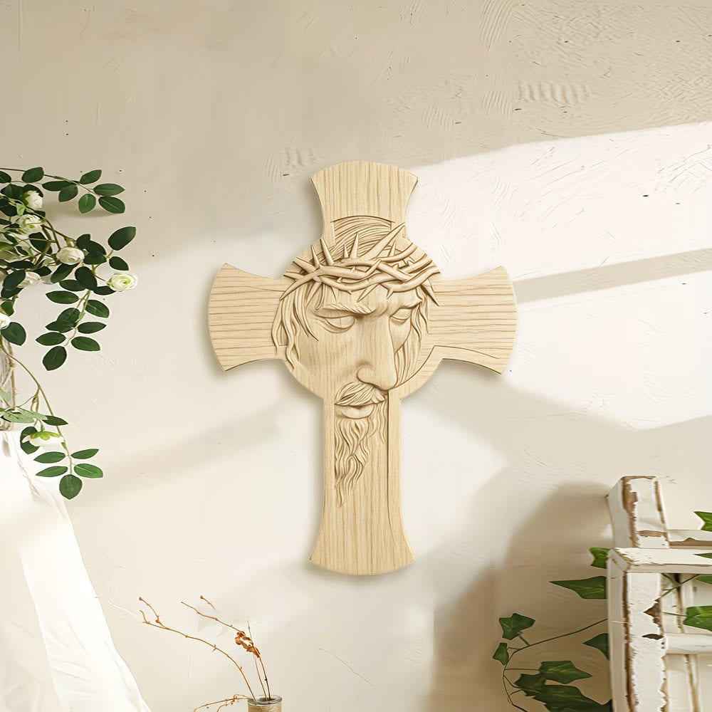 Christianartworkshop Minimalist Wooden Cross Wall Art with 2D Jesus Crown of Thorns Print: An Emblem of Devotion and Grace - image 1