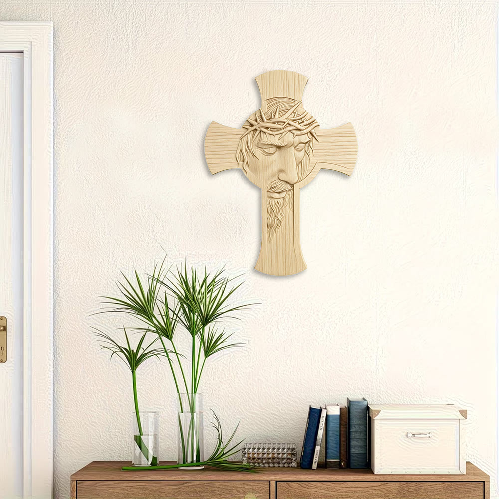 Christianartworkshop Minimalist Wooden Cross Wall Art with 2D Jesus Crown of Thorns Print: An Emblem of Devotion and Grace - image 3