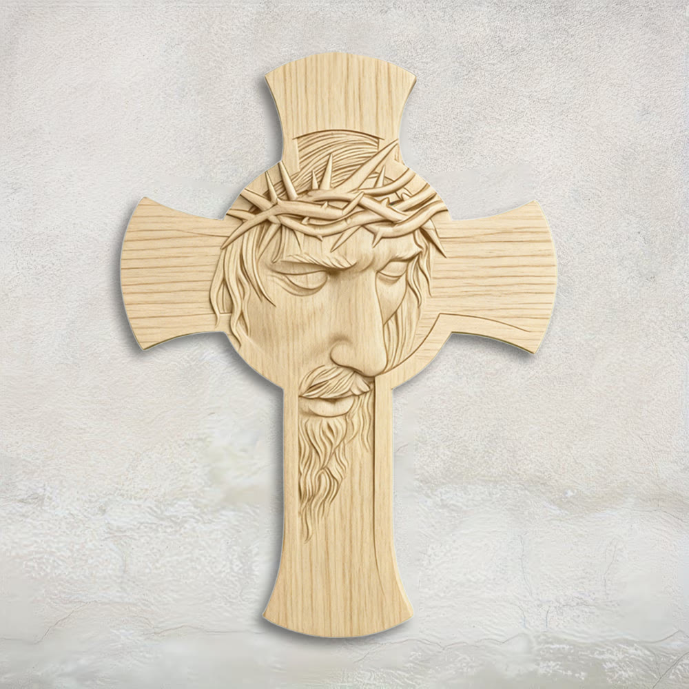 Christianartworkshop Minimalist Wooden Cross Wall Art with 2D Jesus Crown of Thorns Print: An Emblem of Devotion and Grace - 14.8''*19.7''*0.2''/37.6*50*0.5cm - image 0