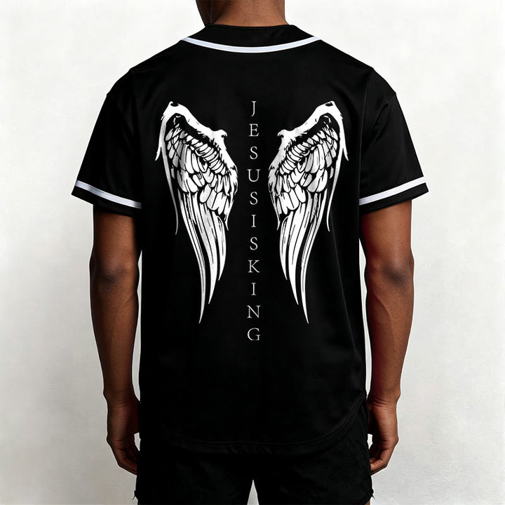 Christianartworkshop Jesus Is King Angel Wings Cross Faith Statement Custom Baseball Jersey - image 4