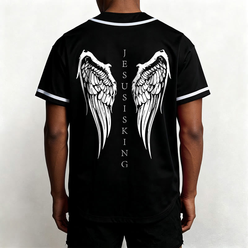 Christianartworkshop Jesus Is King Angel Wings Cross Faith Statement Custom Baseball Jersey - image 4
