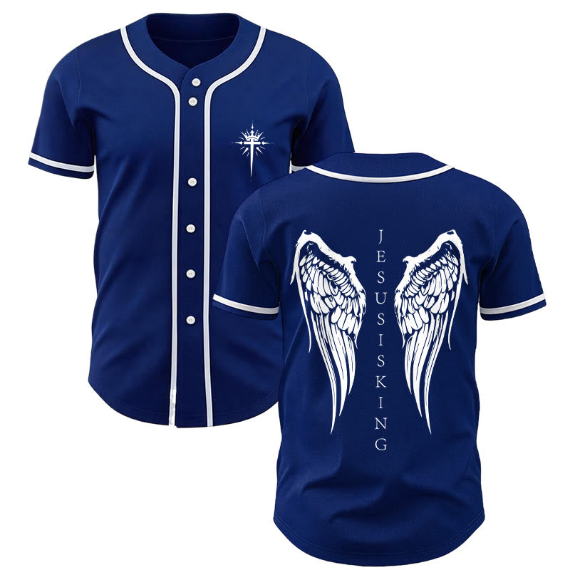Christianartworkshop Jesus Is King Angel Wings Cross Faith Statement Custom Baseball Jersey - Navy Blue - 5XL - image 7