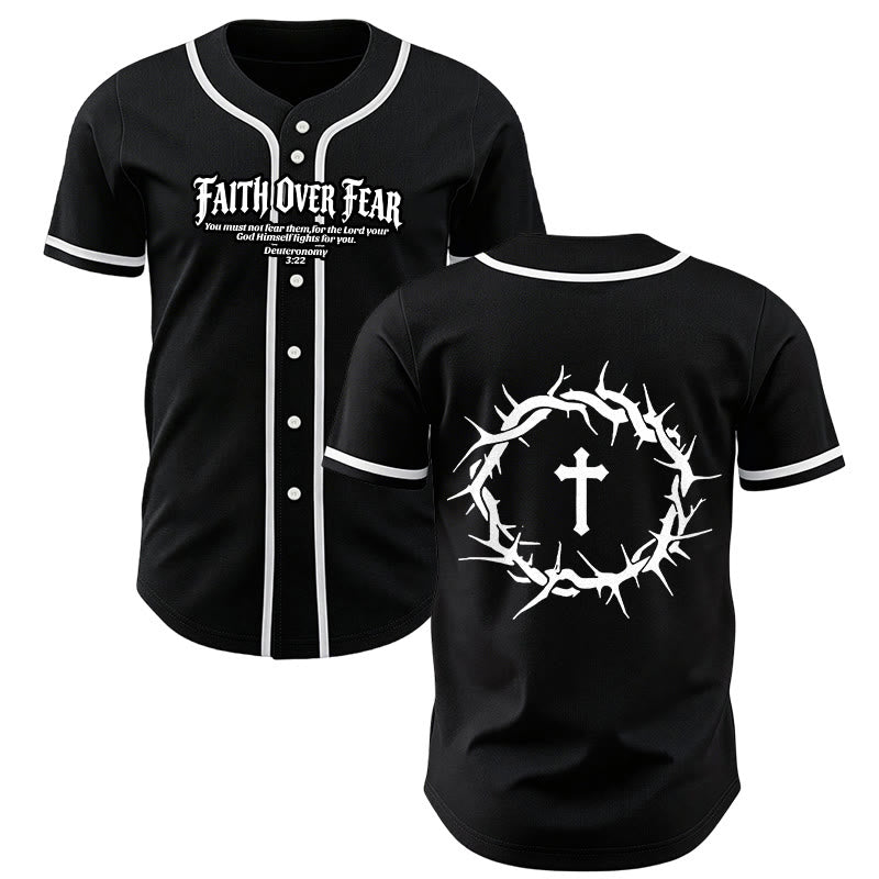 Christianartworkshop Faith Over Fear Deuteronomy 3:22 Crown of Thorns Cross Statement Baseball Jersey - Black - 5XL - image 7