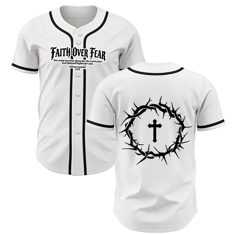 Christianartworkshop Faith Over Fear Deuteronomy 3:22 Crown of Thorns Cross Statement Baseball Jersey - White - 5XL - image 0