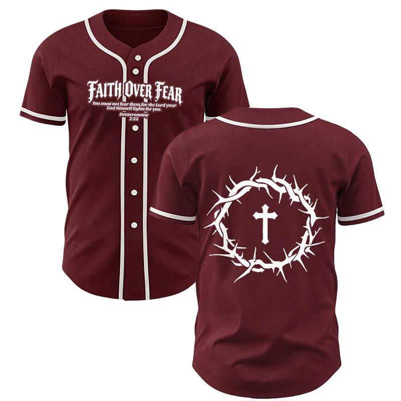 Christianartworkshop Faith Over Fear Deuteronomy 3:22 Crown of Thorns Cross Statement Baseball Jersey - Wine - 5XL - image 35