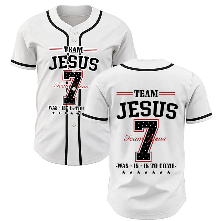 Christianartworkshop Team Jesus Was Is And Is To Come Custom Number 7 Baseball Jersey - White - 5XL - image 0