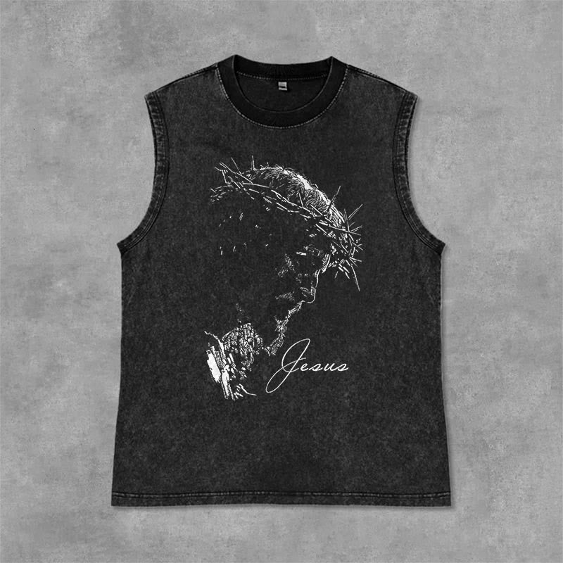 Christianartworkshop Jesus Crown of Thorns Sketch Vintage Washed Tank Top - Black - 2XL - image 0