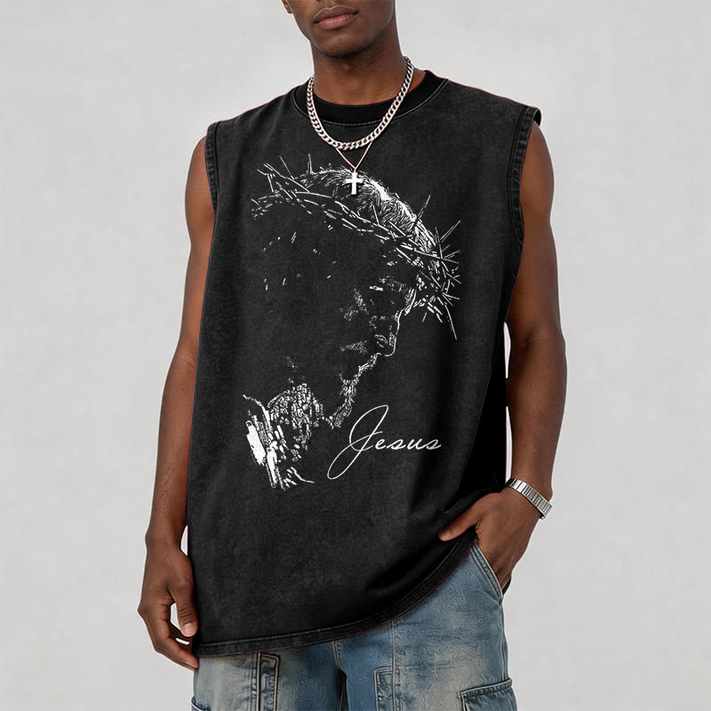 Christianartworkshop Jesus Crown of Thorns Sketch Vintage Washed Tank Top - image 1
