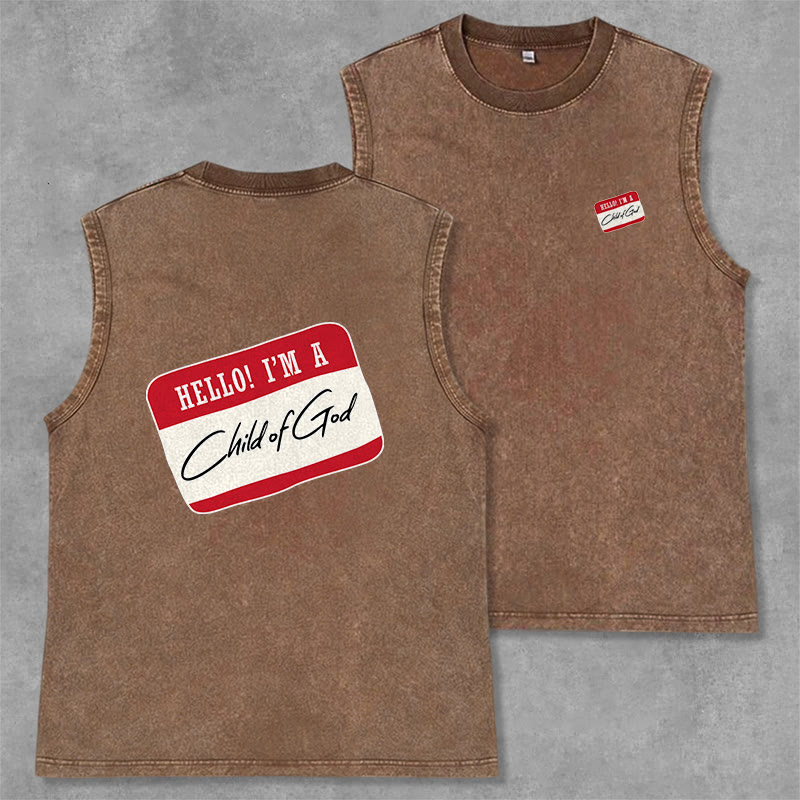 Christianartworkshop Hello! I'm A Child Of God Vintage Washed Tank Top - Brown - 2XL - image 0