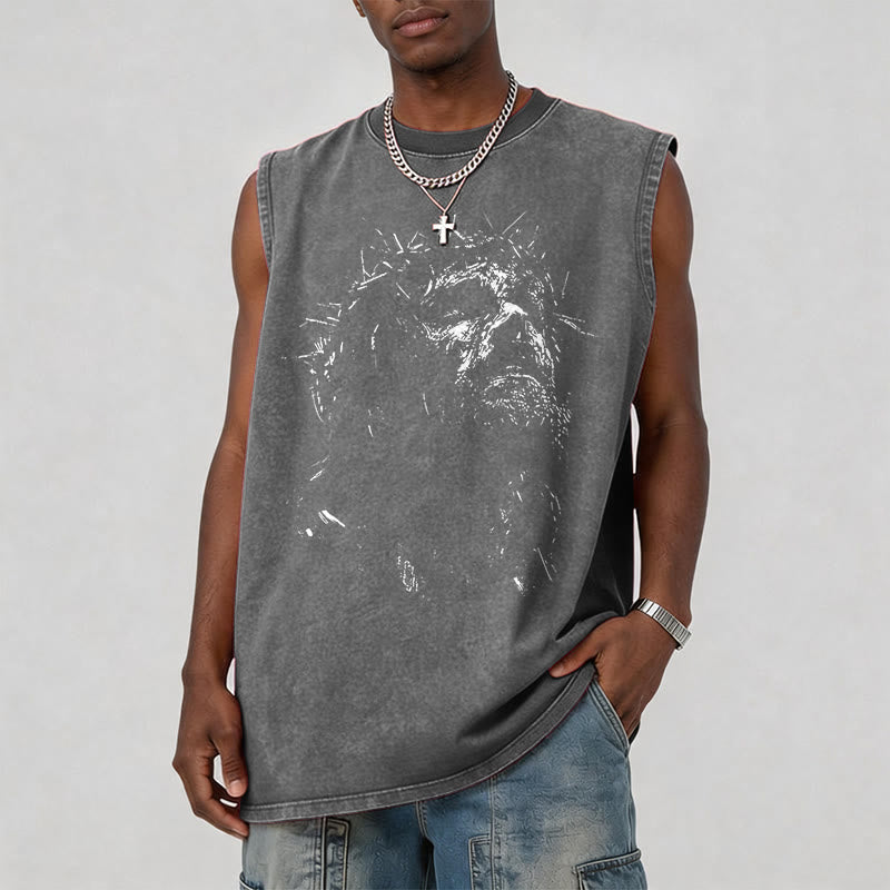 Christianartworkshop Sacred Jesus Crown of Thorns Sketch Vintage Washed Tank Top - image 1
