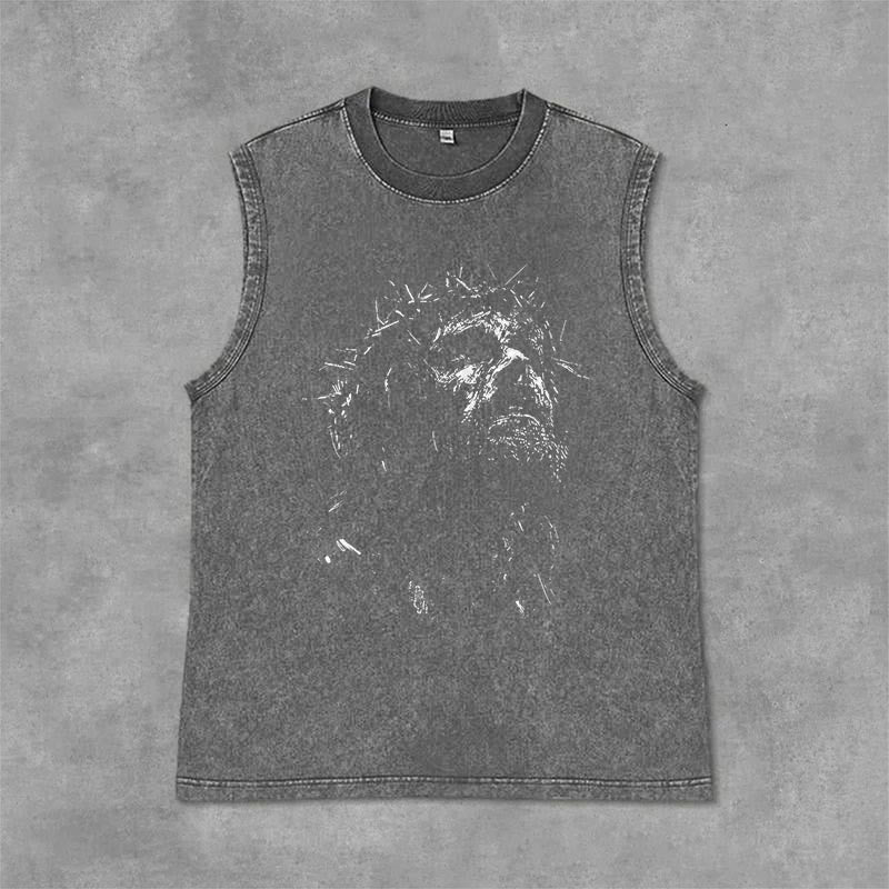 Christianartworkshop Sacred Jesus Crown of Thorns Sketch Vintage Washed Tank Top - Grey - 2XL - image 0