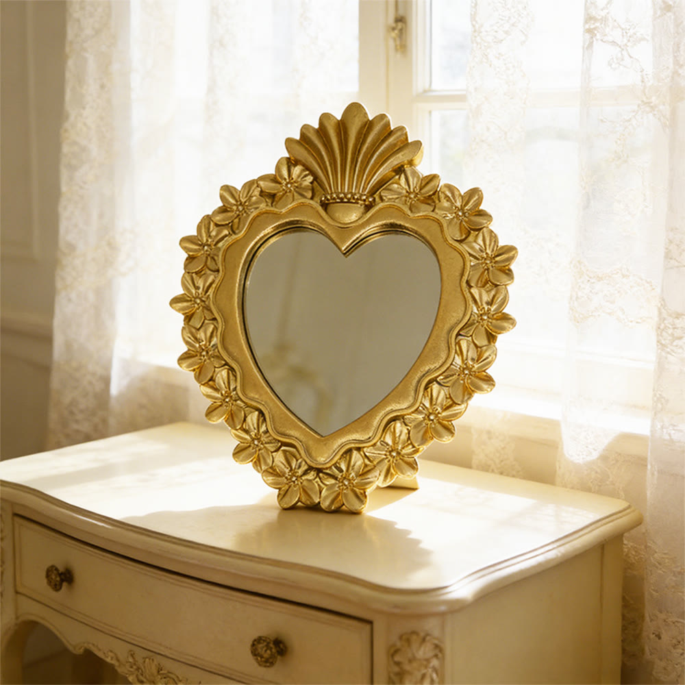Christianartworkshop Sacred Heart Floral Gold Mirror Tabletop Ornament: Embody Devotion & Elegant Grace - Golden - image 0