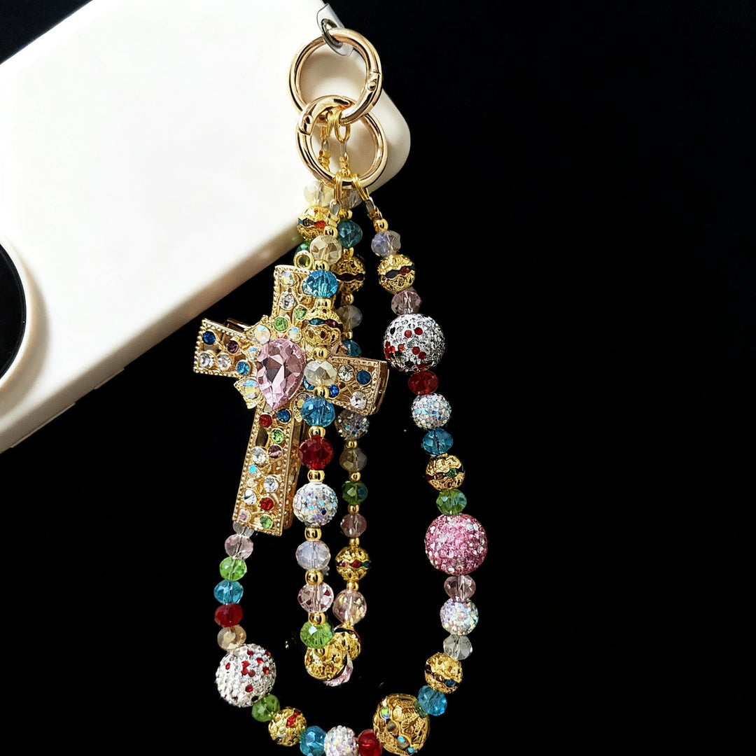 Christianartworkshop Colorful Crystal Cross Phone Charm with Beaded Tassel: A Symbol of Vibrant Faith & Divine Light - image 1