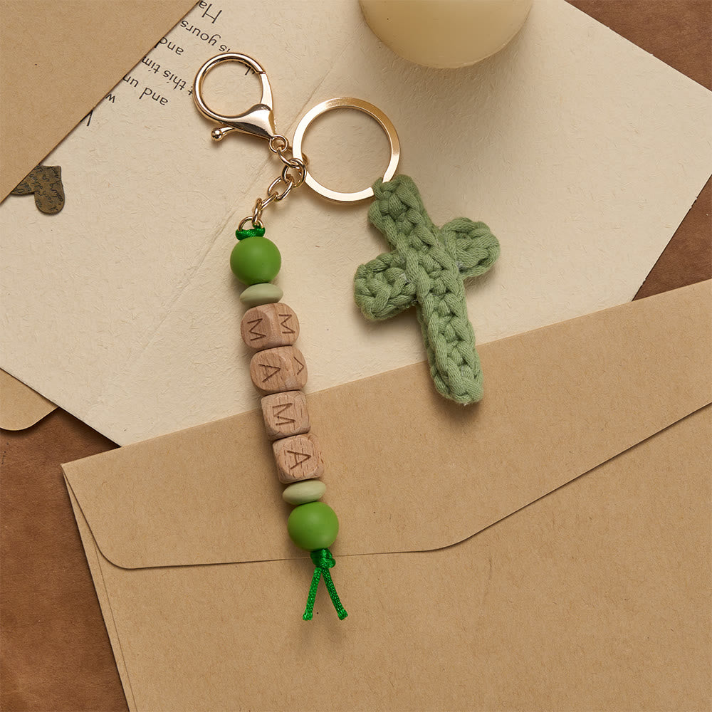 Christianartworkshop Soft Crochet Cross Keychain with “MAMA” Engraved Beads: Embody Faithful Grace & Warmth - Green - image 3