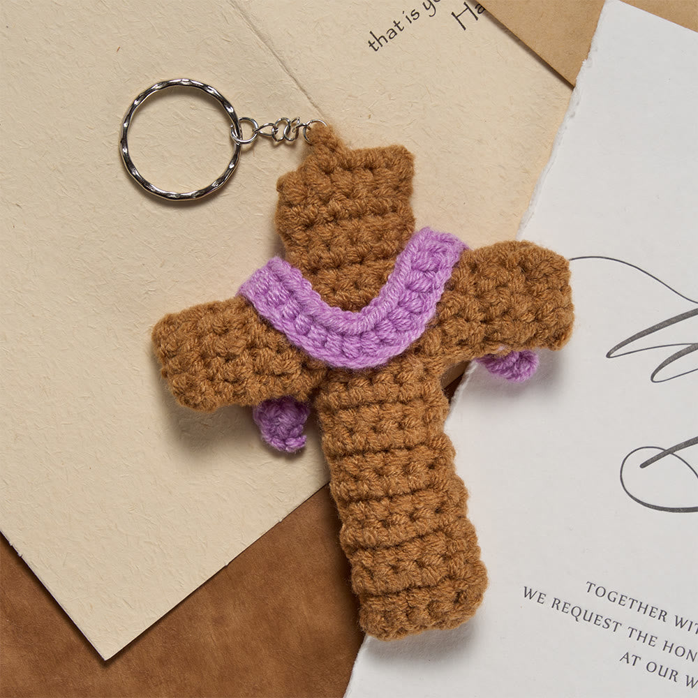 Christianartworkshop Hand-Crocheted Cross Keychain with Purple Accent: A Symbol of Cozy Faith & Warm Divine Love - image 3