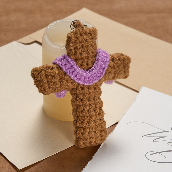 Christianartworkshop Hand-Crocheted Cross Keychain with Purple Accent: A Symbol of Cozy Faith & Warm Divine Love - Cross - image 0